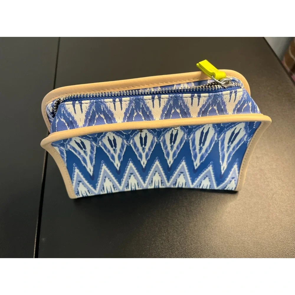 Stella & Dot Blue Ikat Makeup‎ Cord Pouch Travel Bag Yellow Zebra Lining